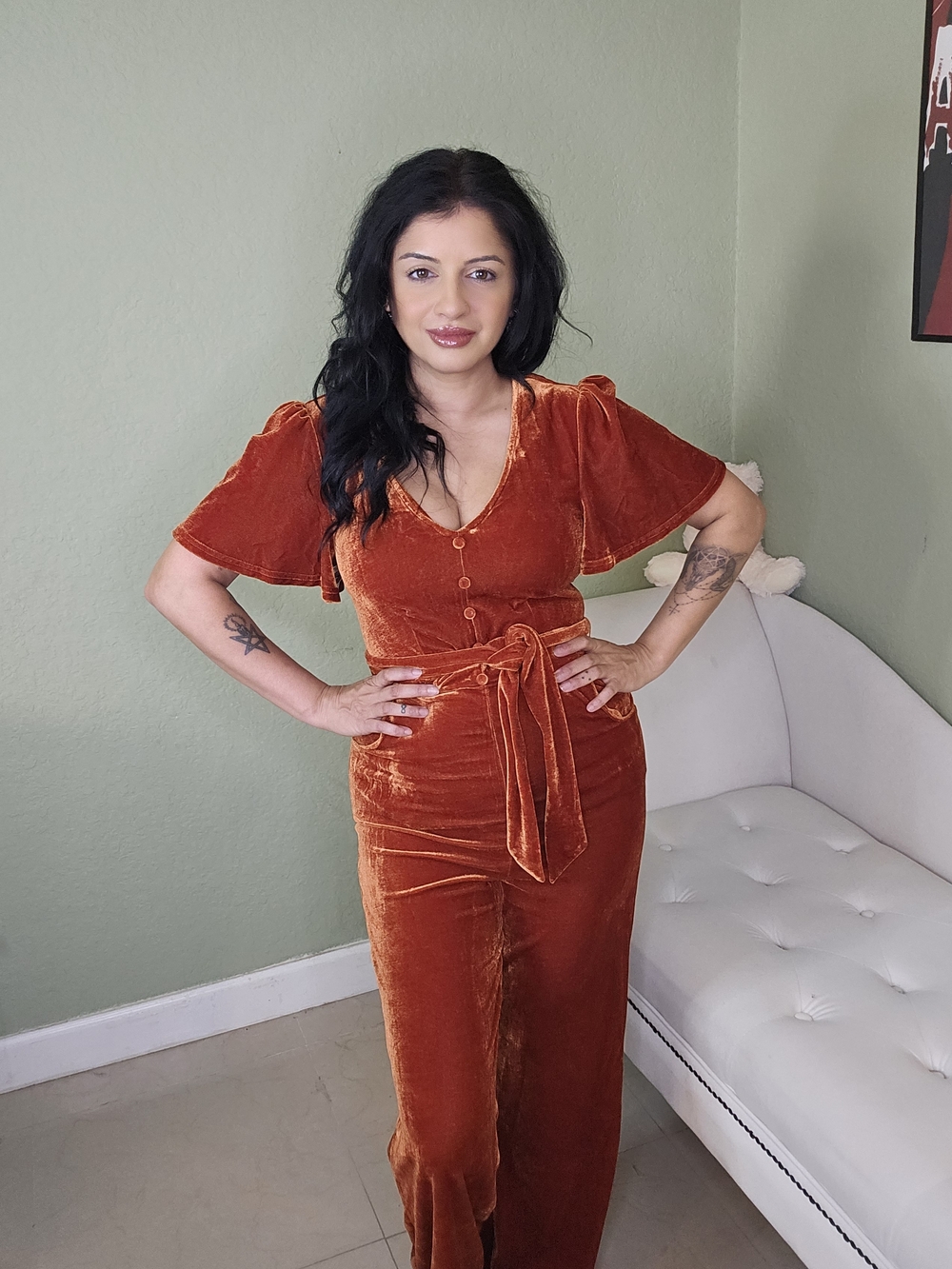 Unique Vintage Rust Velvet Tie-Waist Jumpsuit